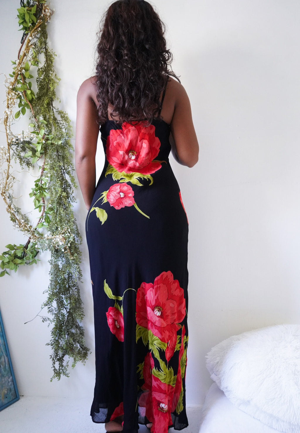 Y2K Black Maxi Slip With Red Beaded Flowers