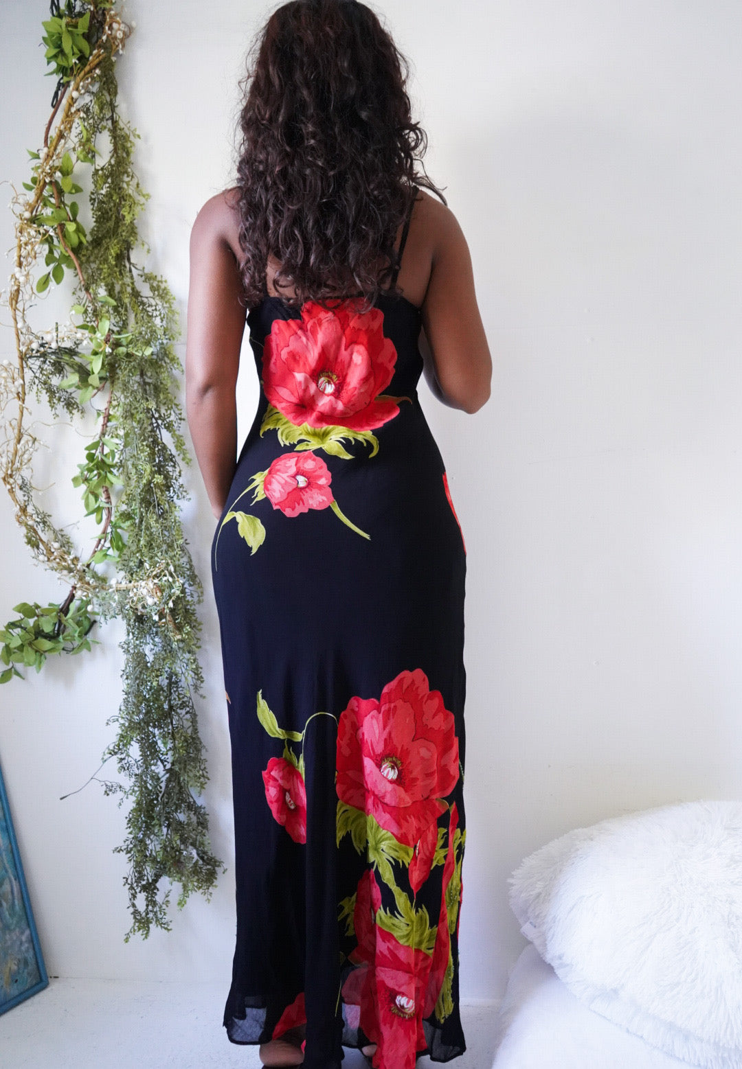 Y2K Black Maxi Slip With Red Beaded Flowers