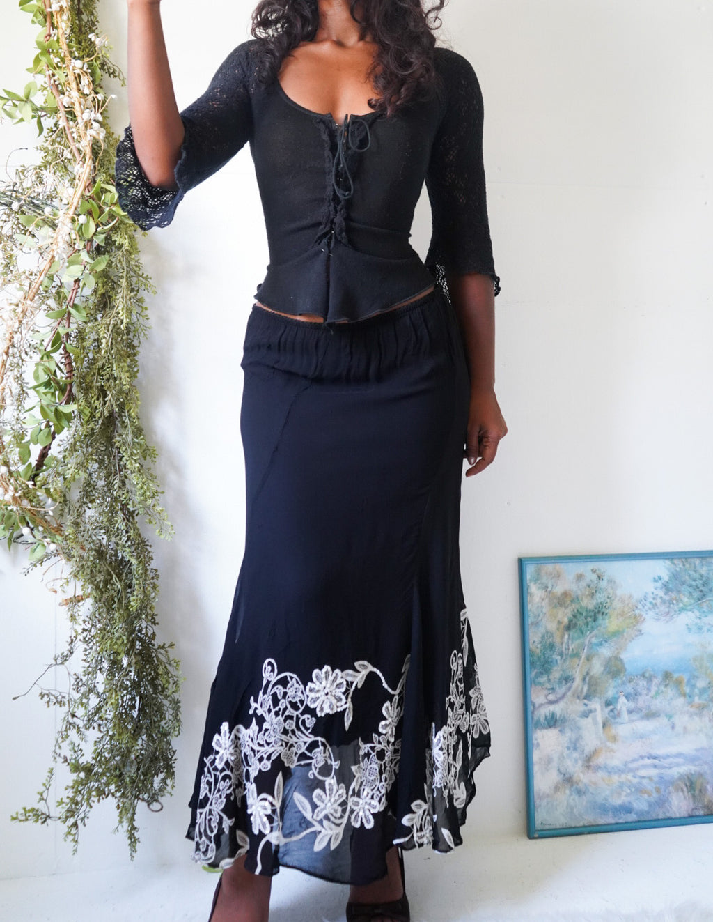 Y2K Black Maxi Skirt with White Florals