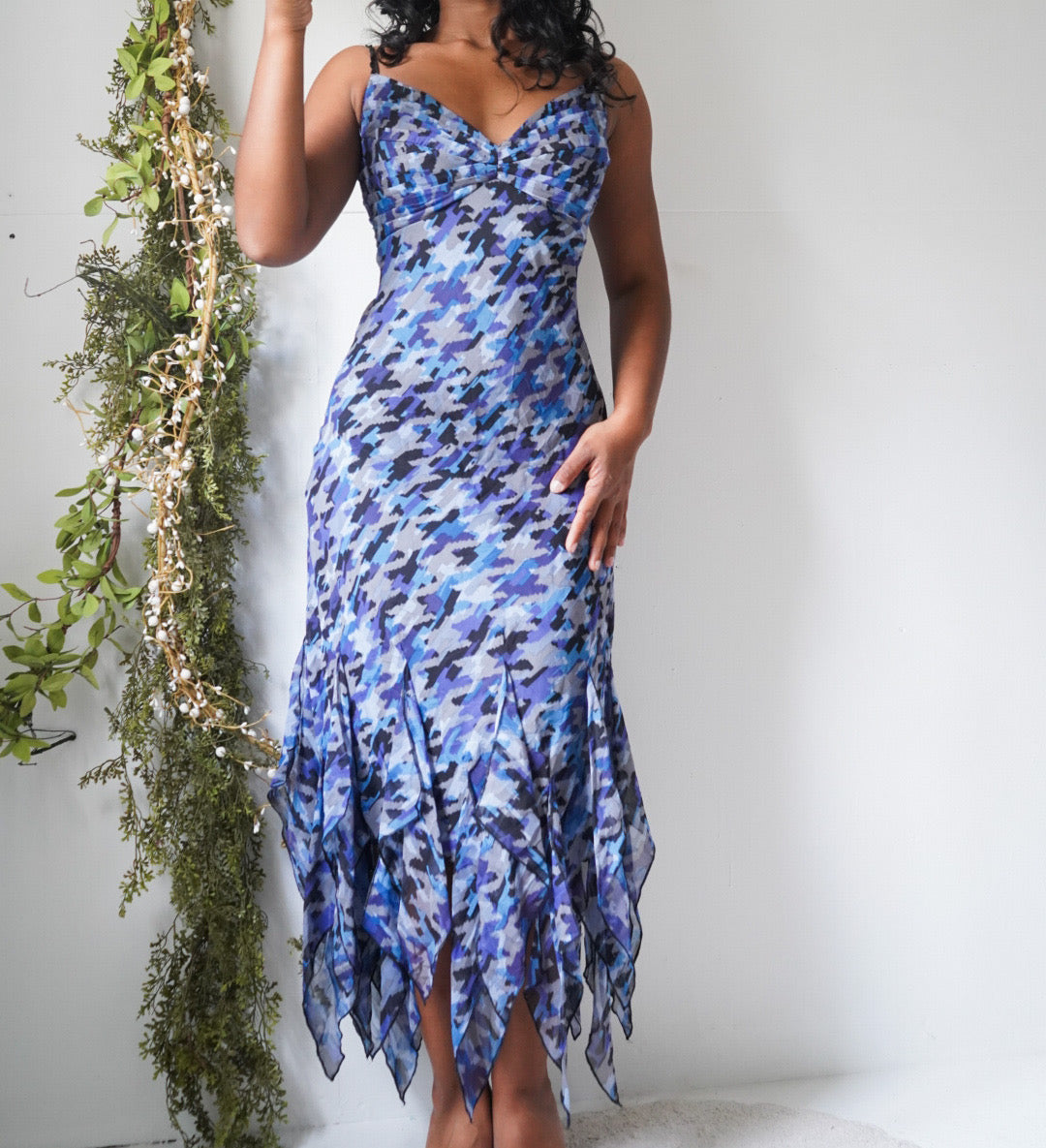 Vintage Y2K Houndstooth Fairy Hem Midi Dress