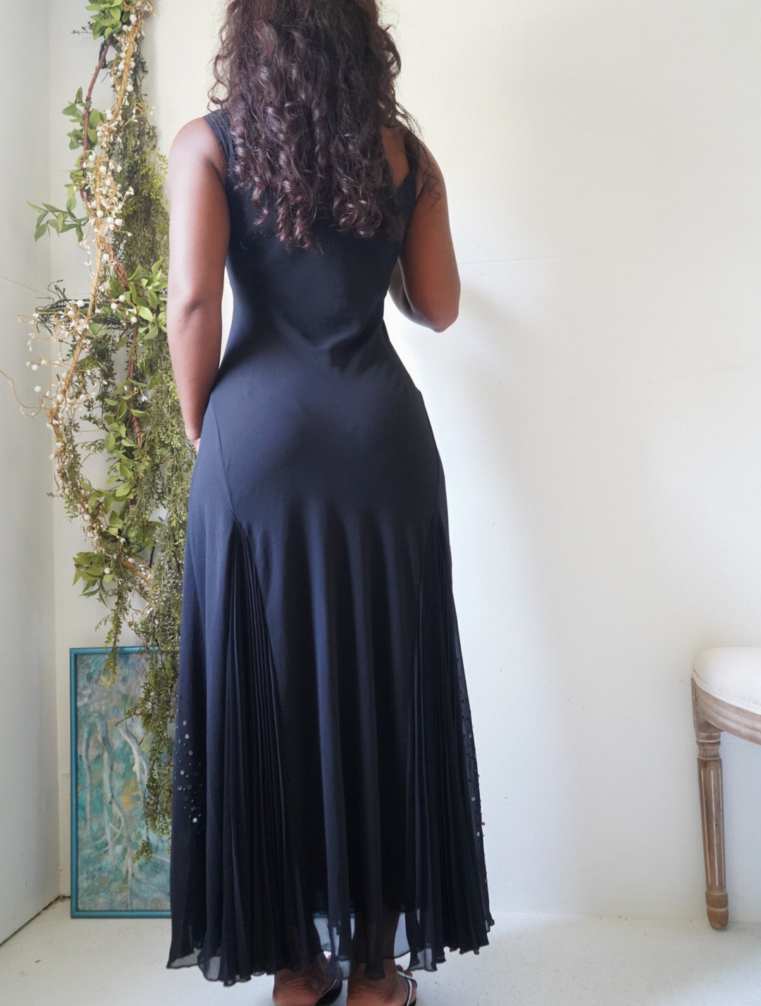 Rare Y2K Black Evening Dress with Pleated Godets