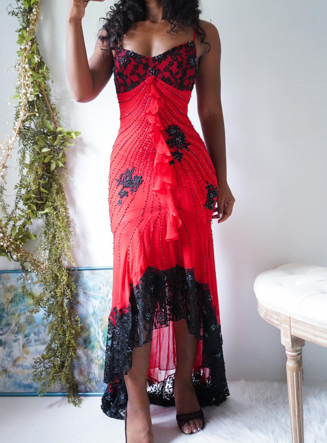 Rare Vintage Y2K Red and Black Lace Beaded Gown