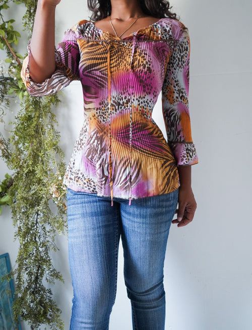 Y2K Abstract Animal Print Pleat Peasant Top