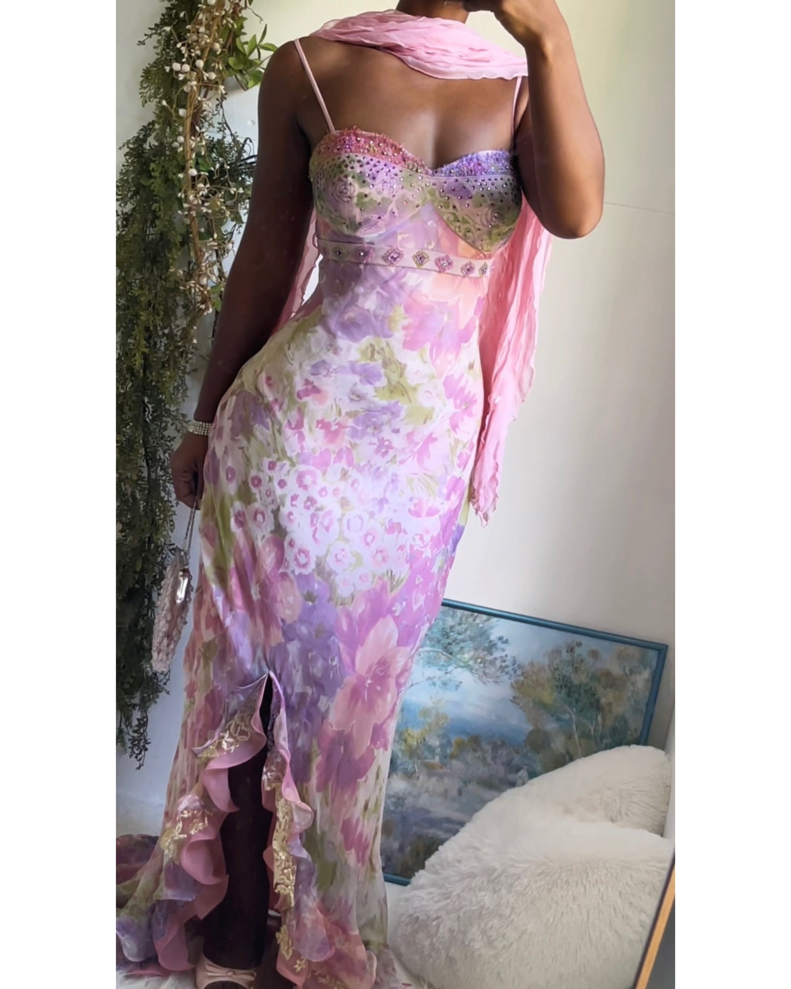 Rare Vintage Y2K Pastel Watercolor Silk Gown