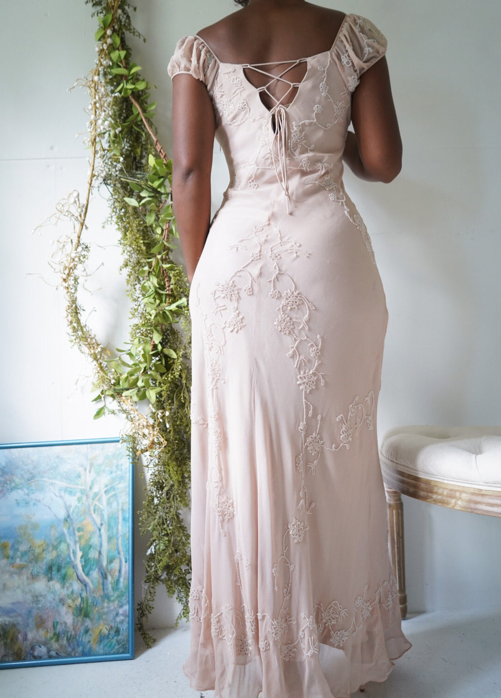 Rare Vintage 90s Silk Milkmaid Blush Nude Beaded Gown