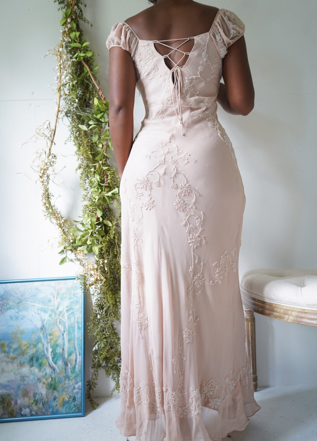 Rare Vintage 90s Silk Milkmaid Blush Nude Beaded Gown