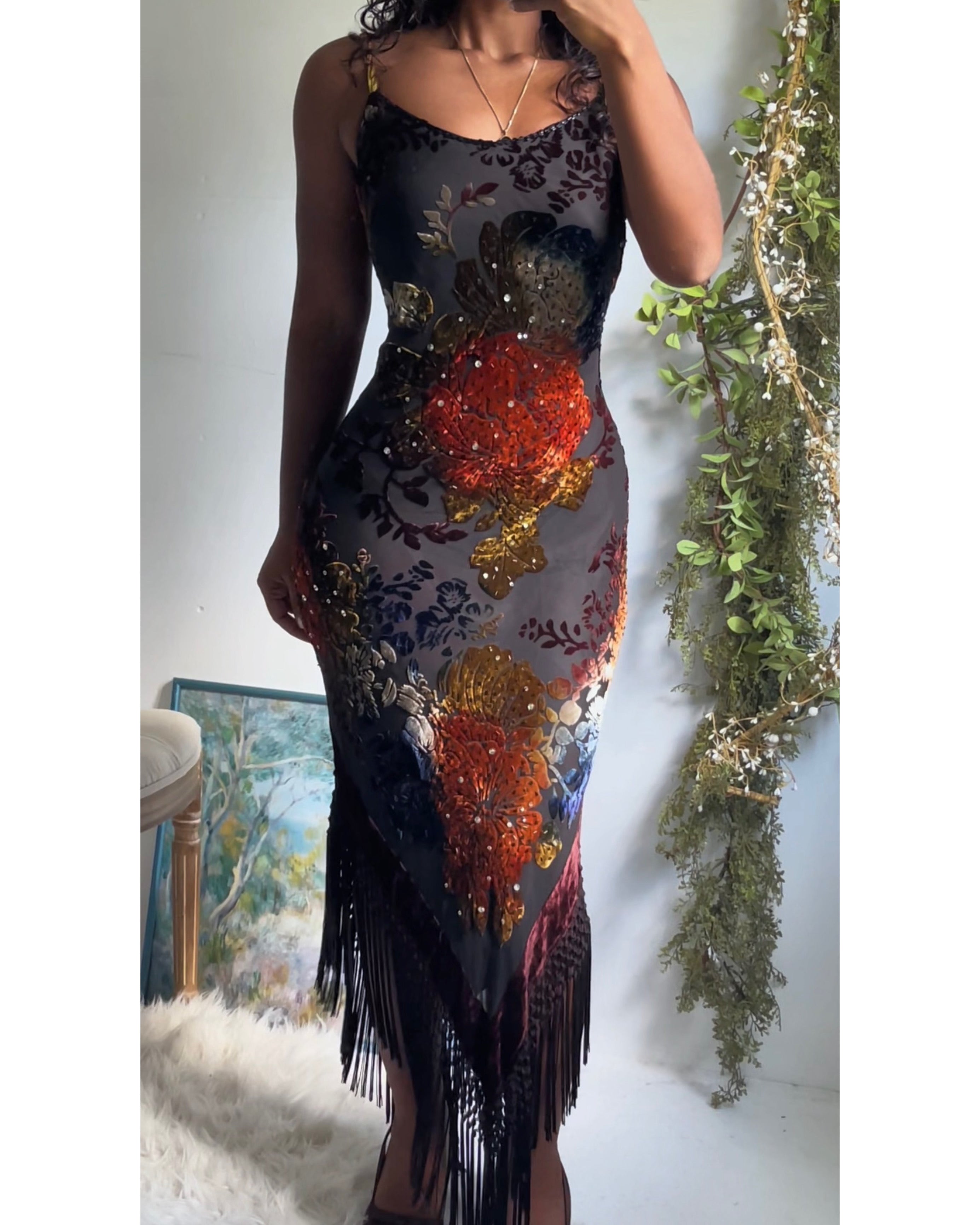 Rare Vintage Y2K Silk Velvet Burnout Fringe Hem Dress
