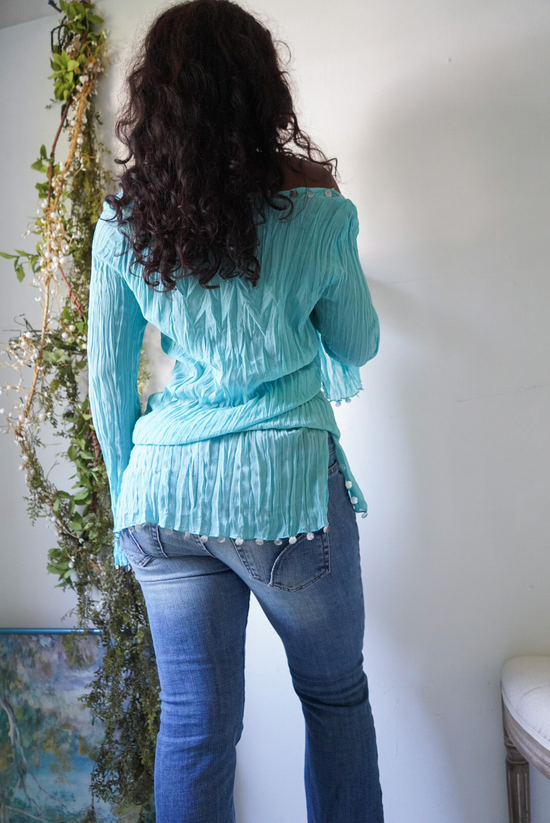 Y2K Turquoise Off The Shoulder Sequin Trim Top