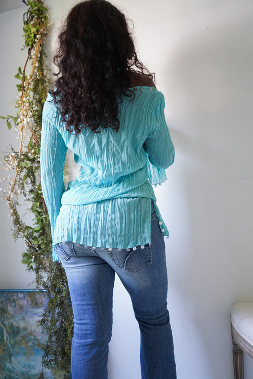 Y2K Turquoise Off The Shoulder Sequin Trim Top