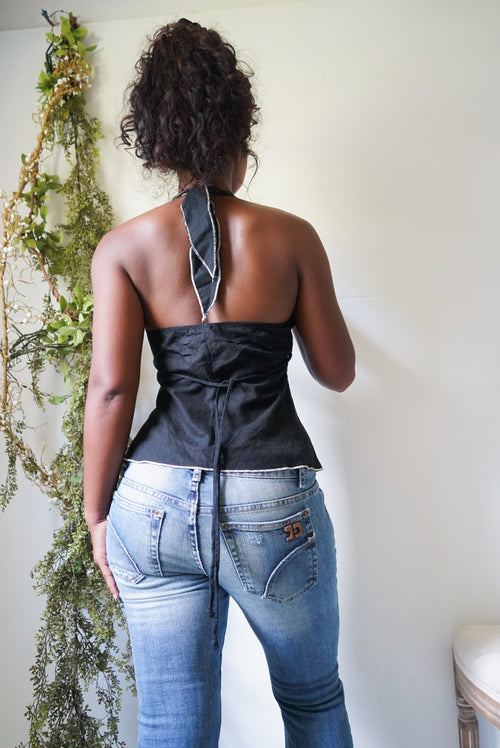 Y2K Linen Blend Embroidered Halter Top