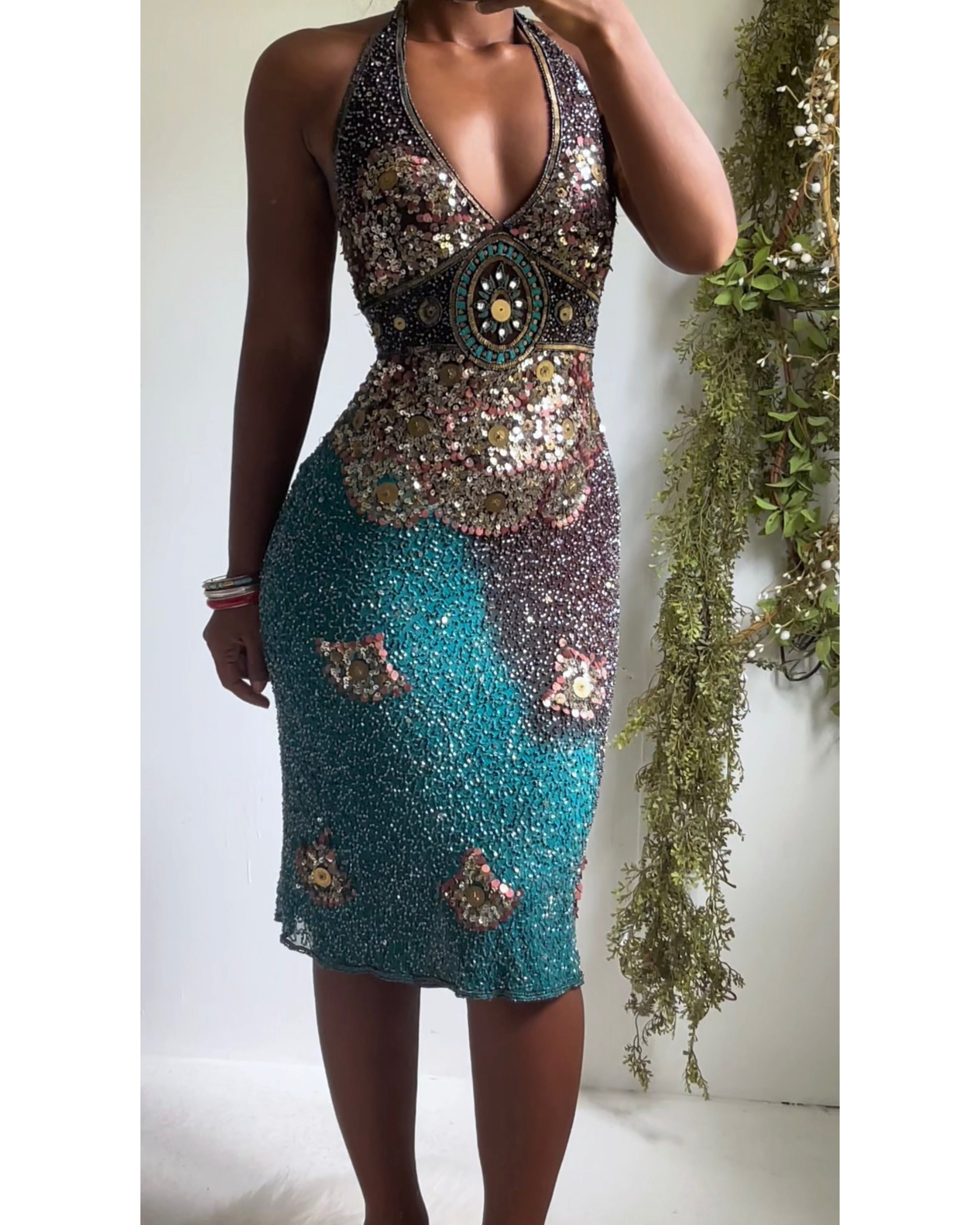 Y2K Brown and Teal Fully Beaded Halter Silk Dress