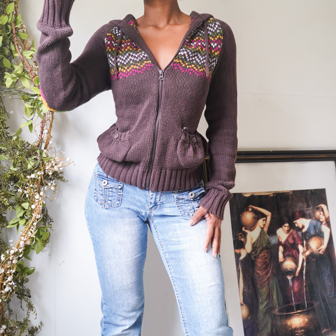 Y2K Brown Zip Up Hooded Cardigan