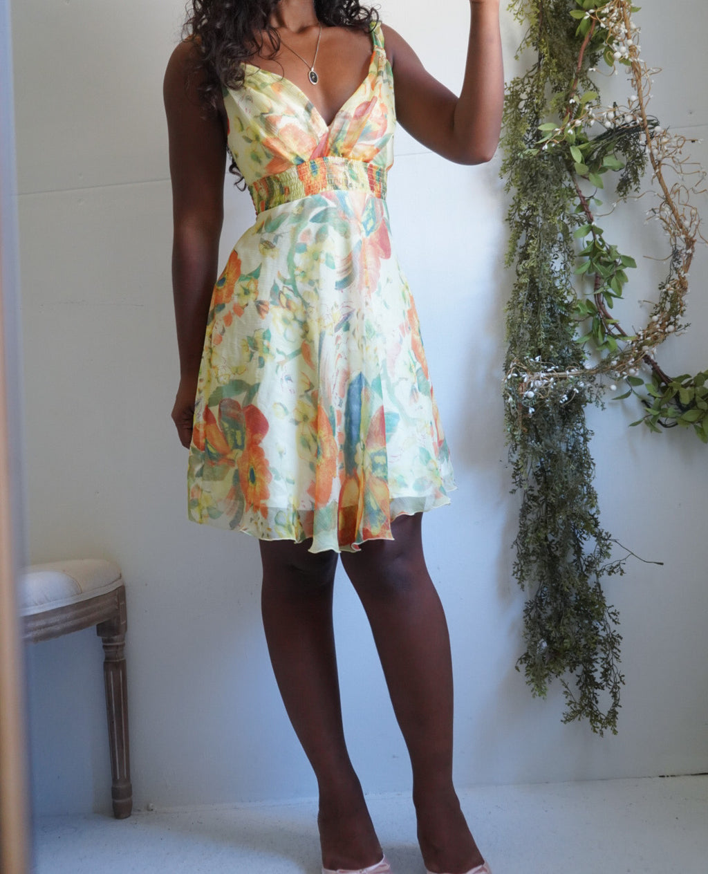 Y2K Pale Yellow Watercolor Silk Floral Mini Dress
