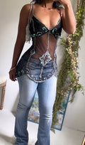 Rare Vintage Y2K Black Beaded Boho Mesh Cami