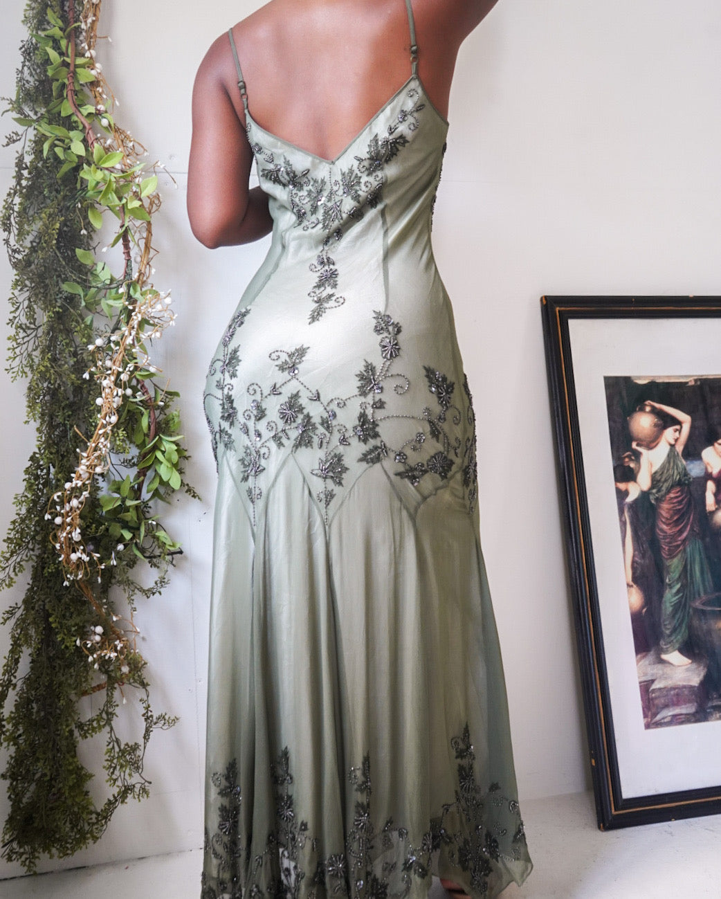 Olive Silk Layered Beaded Fairy Gown
