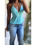 Y2K Tie Back Halter Turquoise Boho Tankini Top