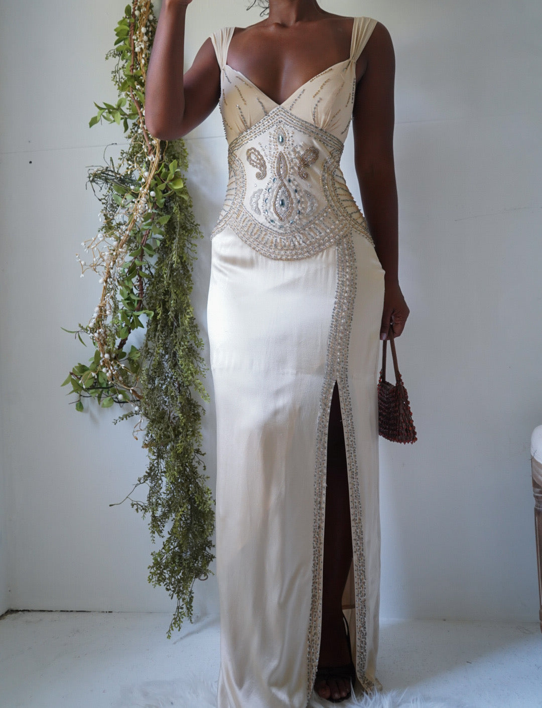 Y2K Champagne Silk Paisley Beaded Sue Wong Gown