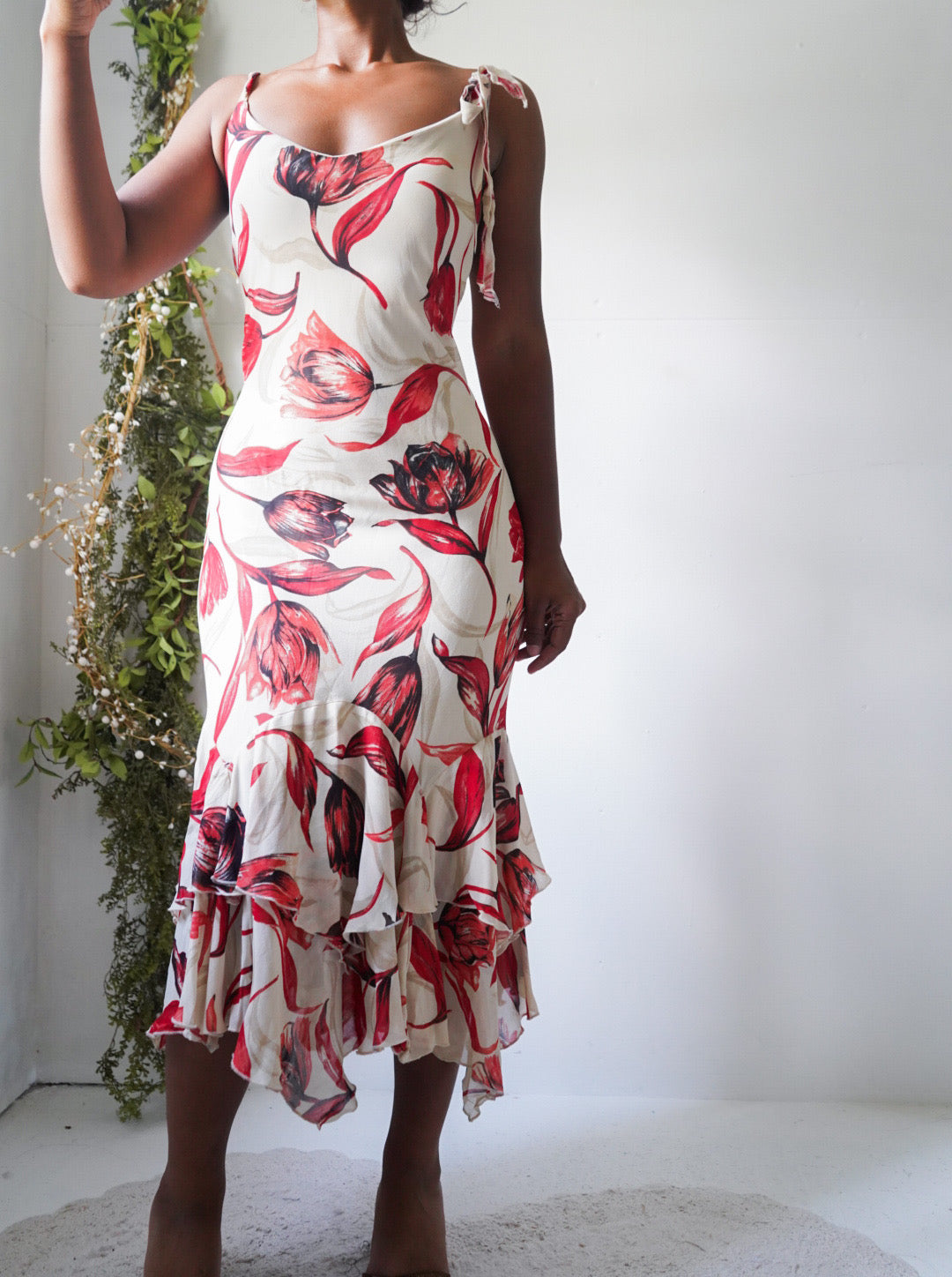 Y2K Cream and Red Floral Fairy Midi Dress