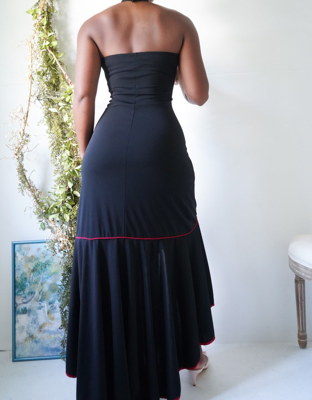 Halter High Low Dress with Red Trims