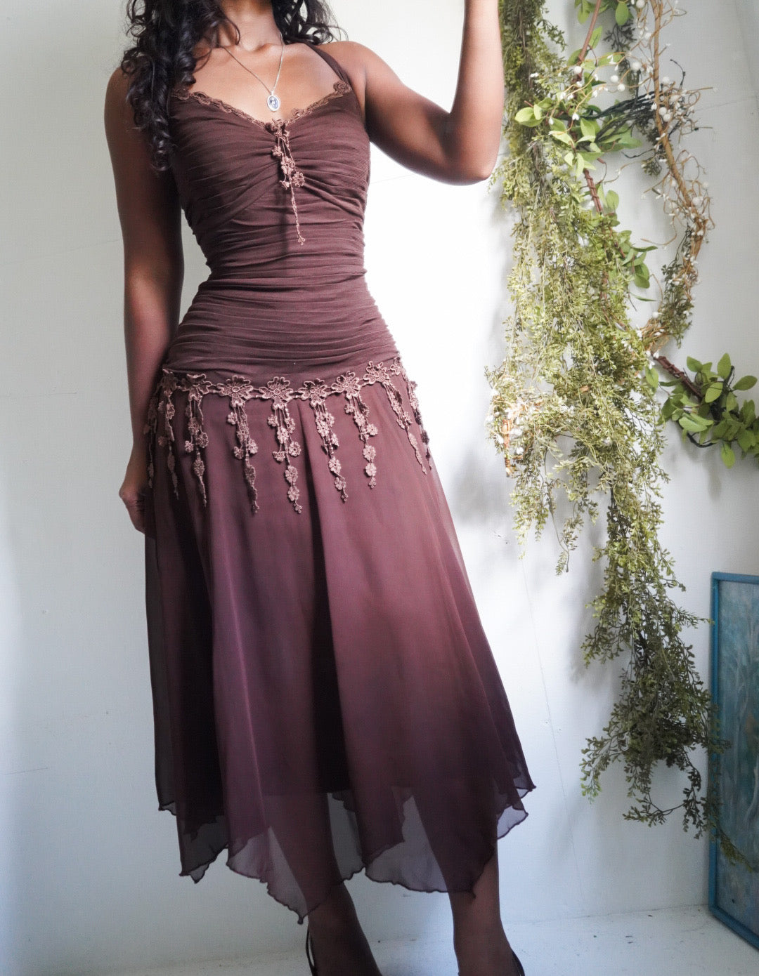 Y2K Brown Ruched Halter Fairy Dress