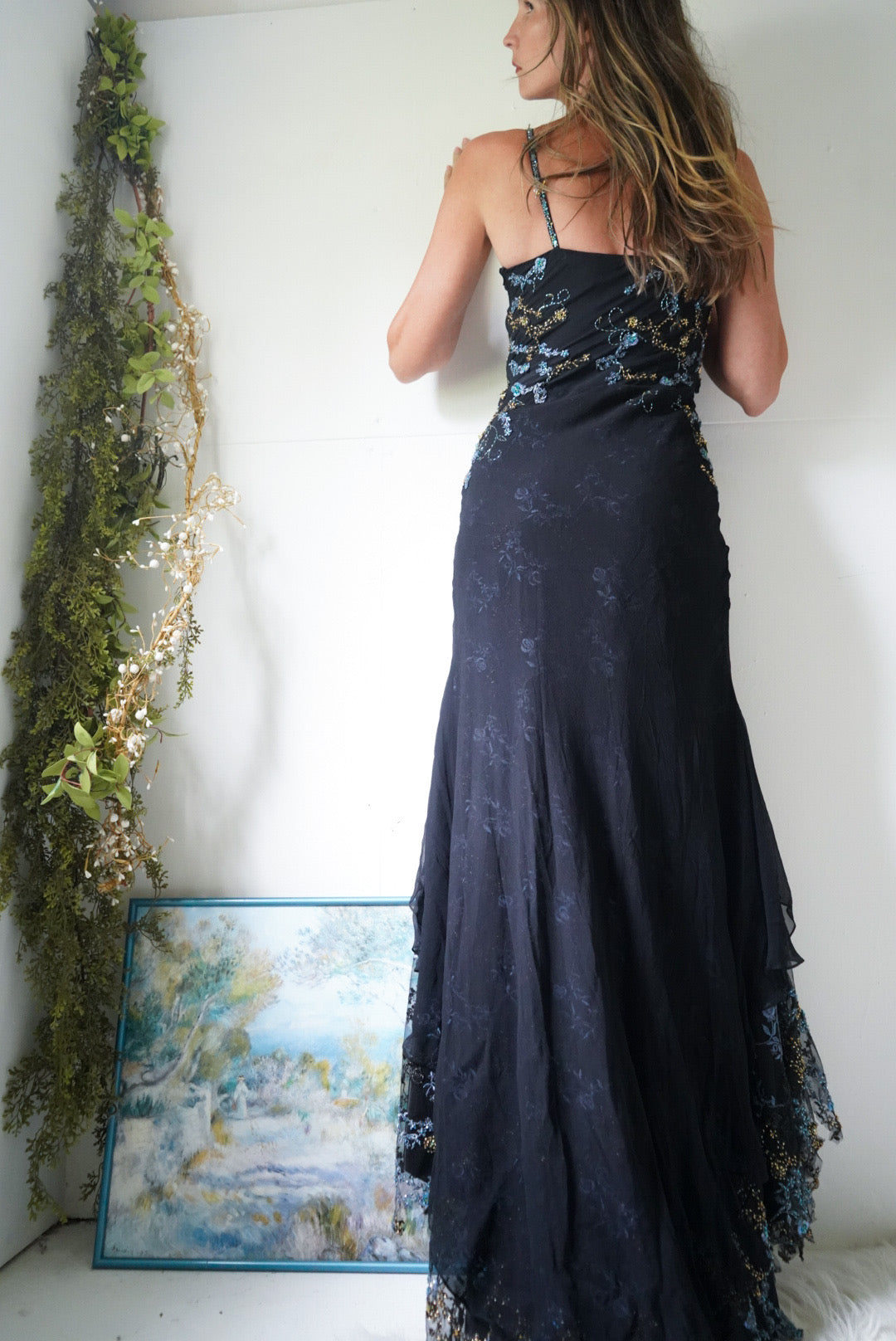 Rare Y2K Diane Freis High-Low Hem Silk Beaded Gown