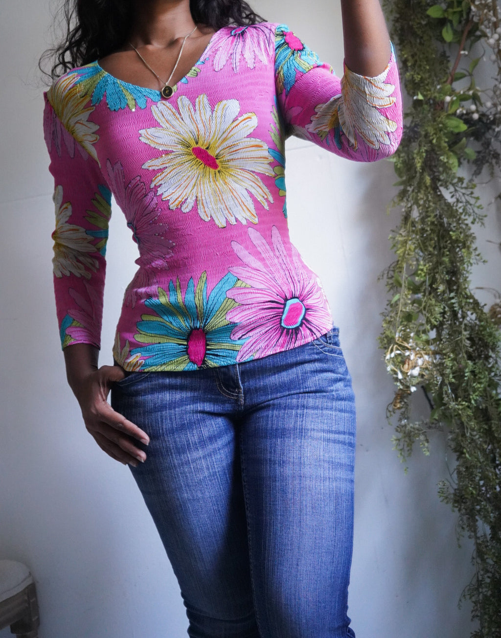 Y2K Colorful Sunflower Sequin Pleat Top