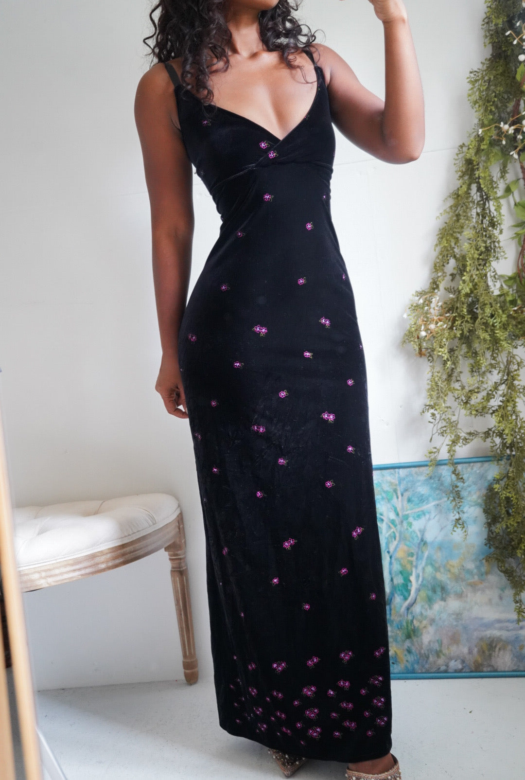 Y2K Black Velvet Gown with Embroidered Flowers