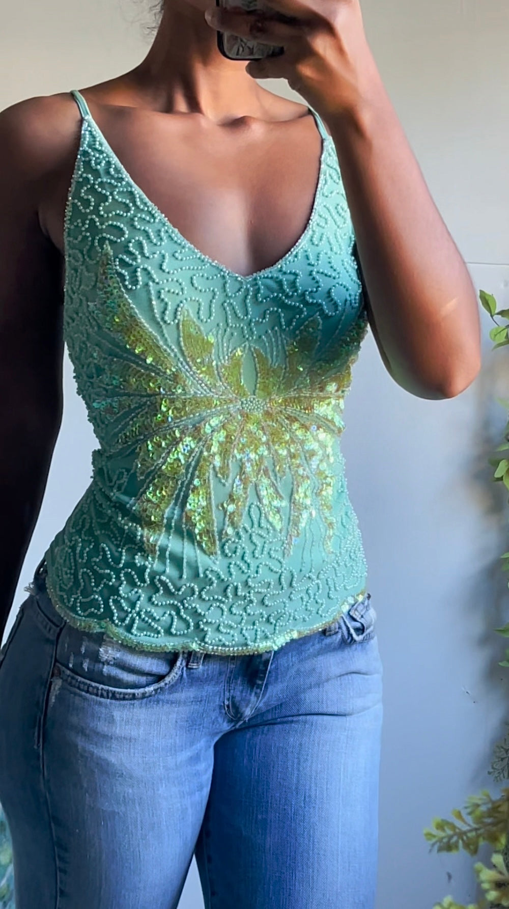 Aquamarine Fully Beaded Mesh Fairy Cami