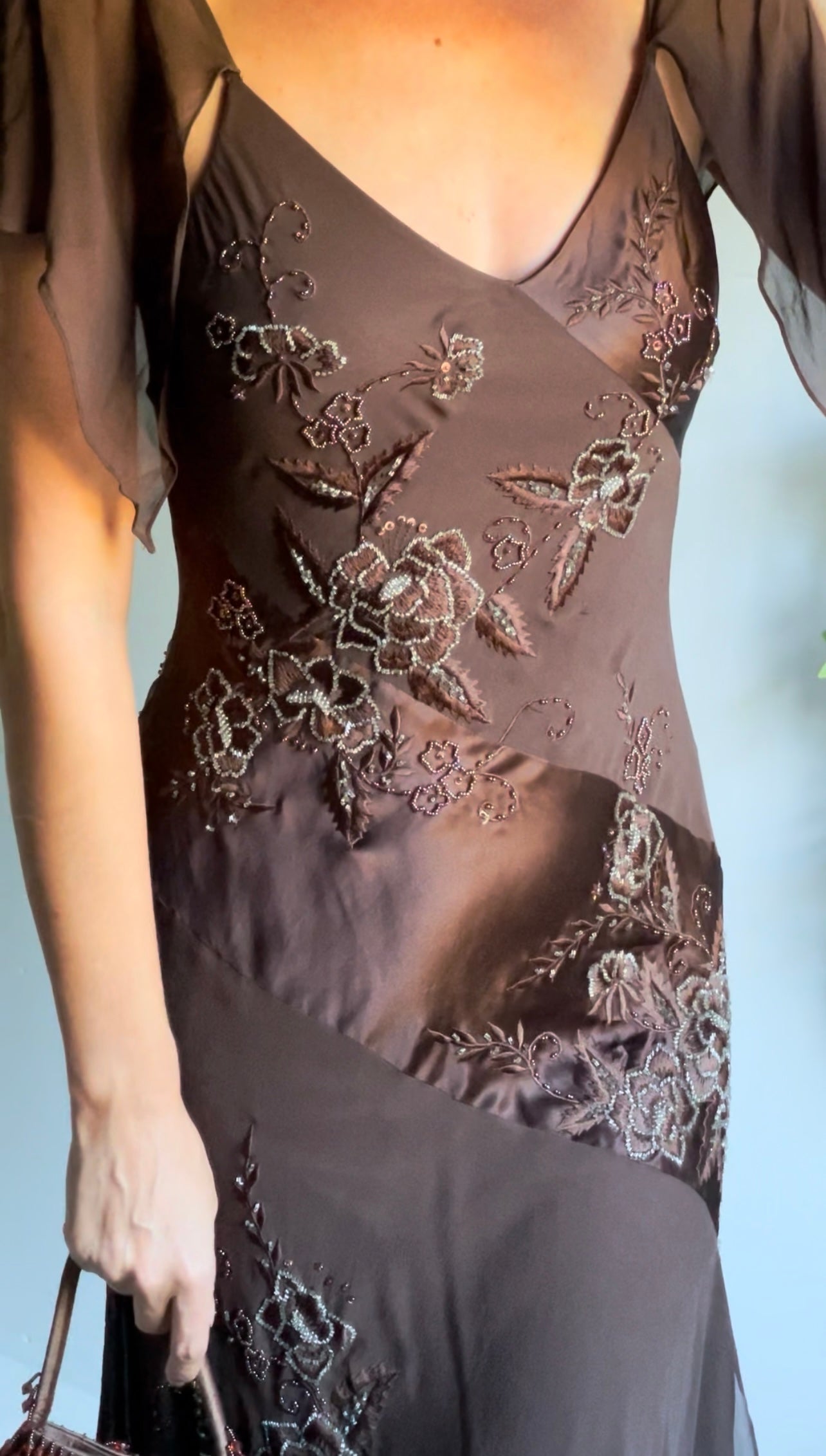 Vintage Rare Y2K Brown Beaded Silk Fairy Dress