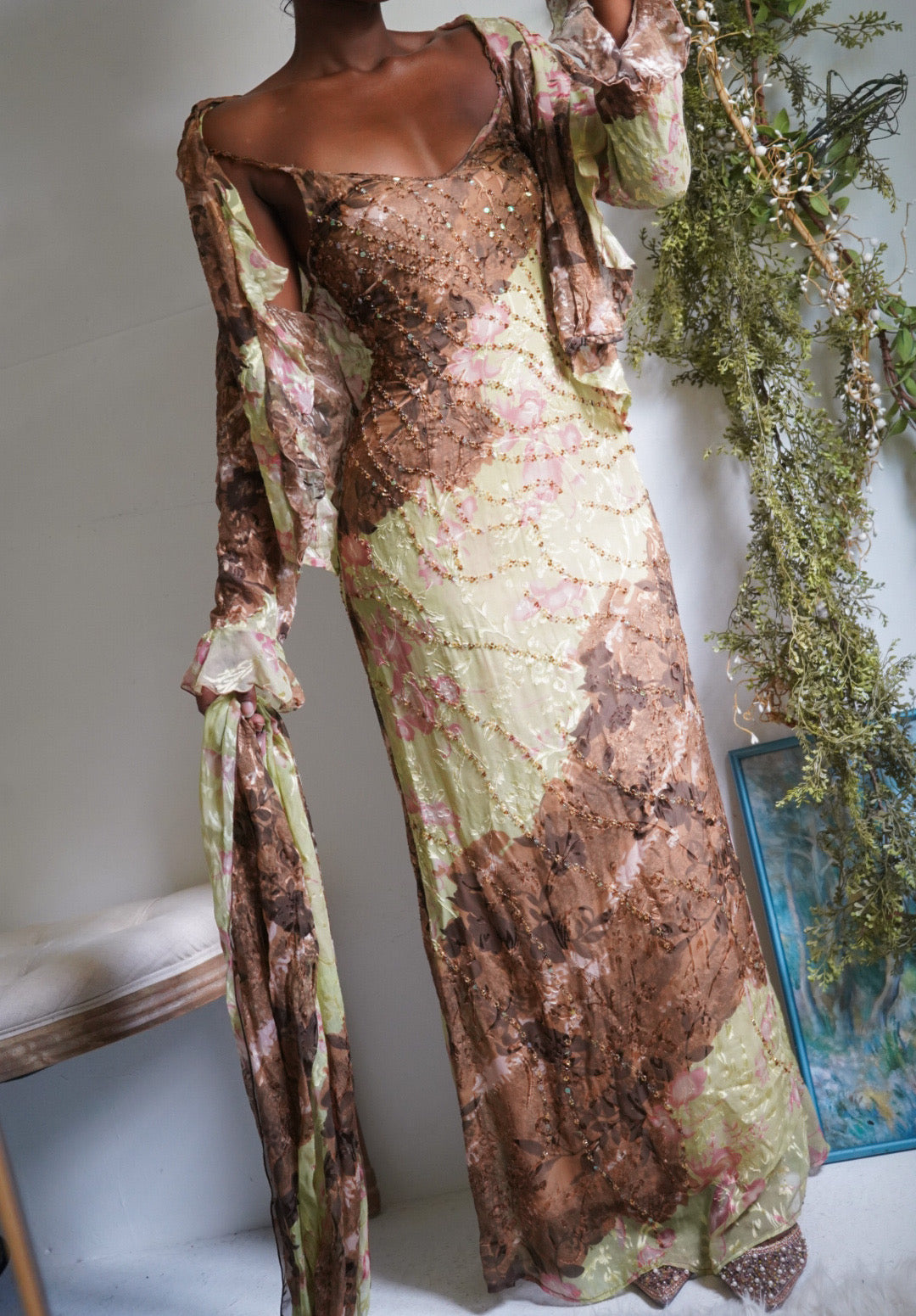 Rare Y2K Beaded Silk Gown with Scarf and Blouse