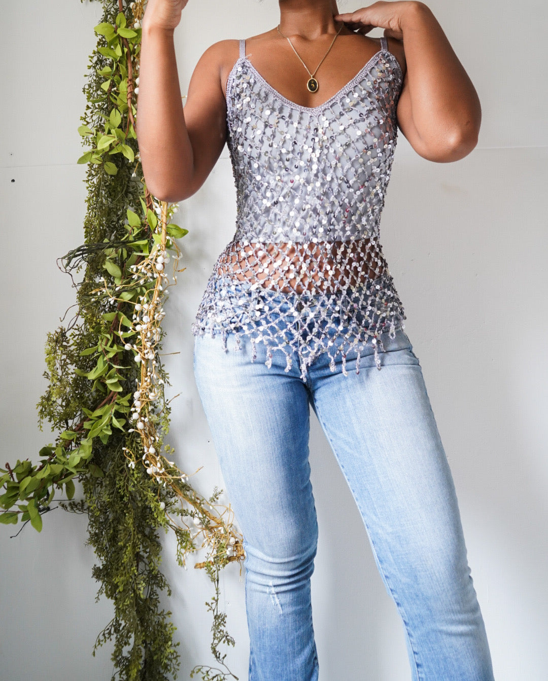Y2K Silver Sequin Crochet Cami