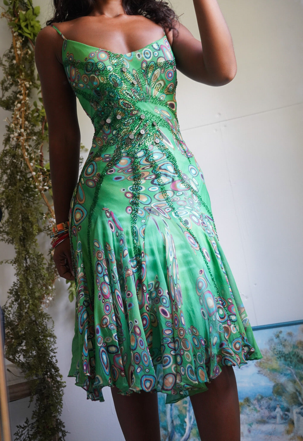 Rare Y2K Kelly Green Abstract Beaded Dress