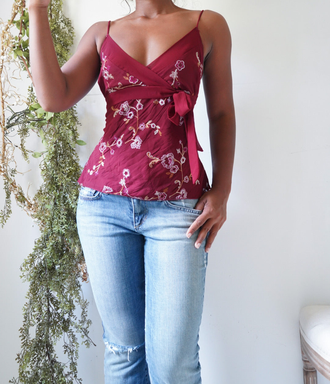 Y2K Red Embroidered Tie Back Cami