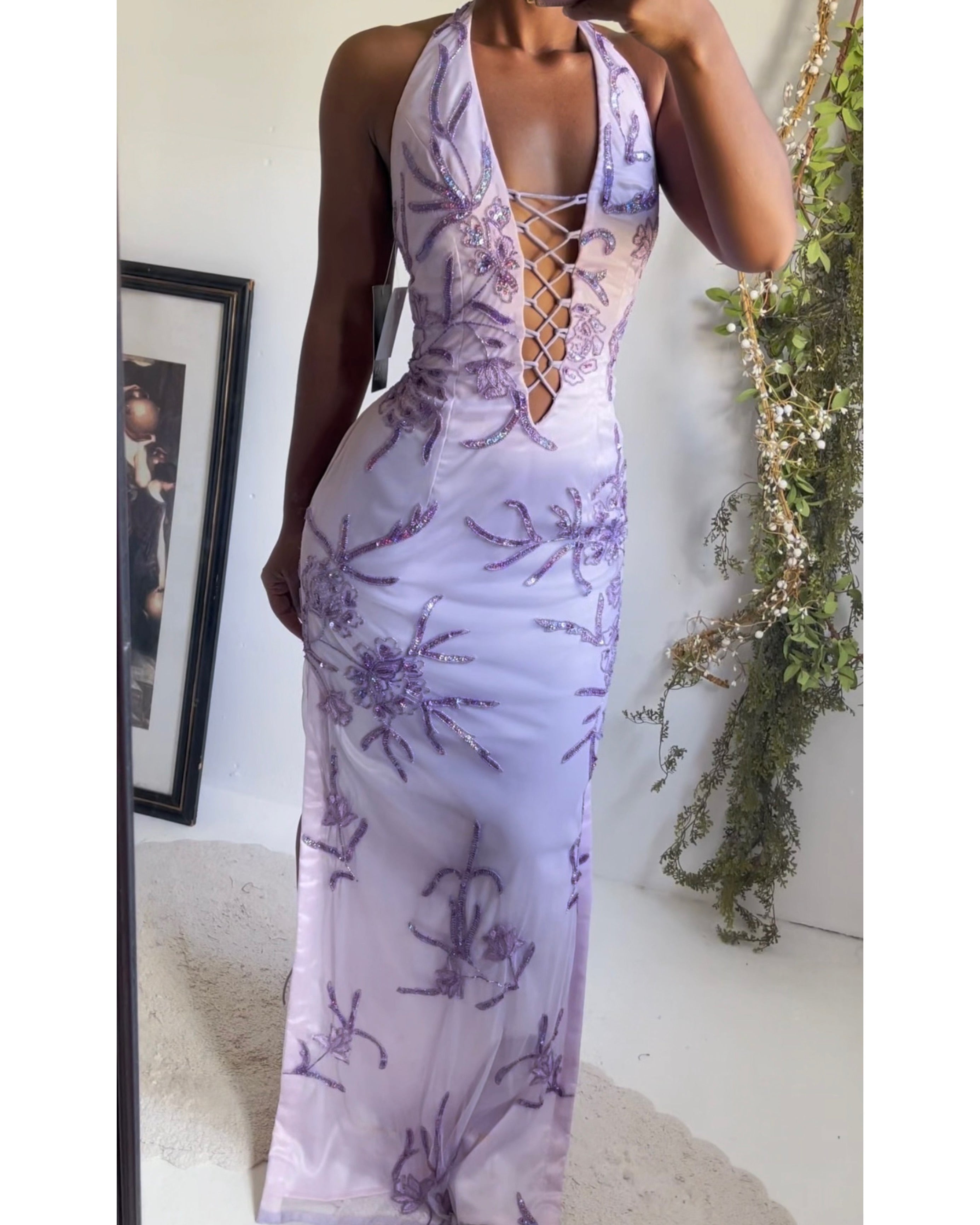 Vintage Y2K Lavender Halter Lace Up Gown
