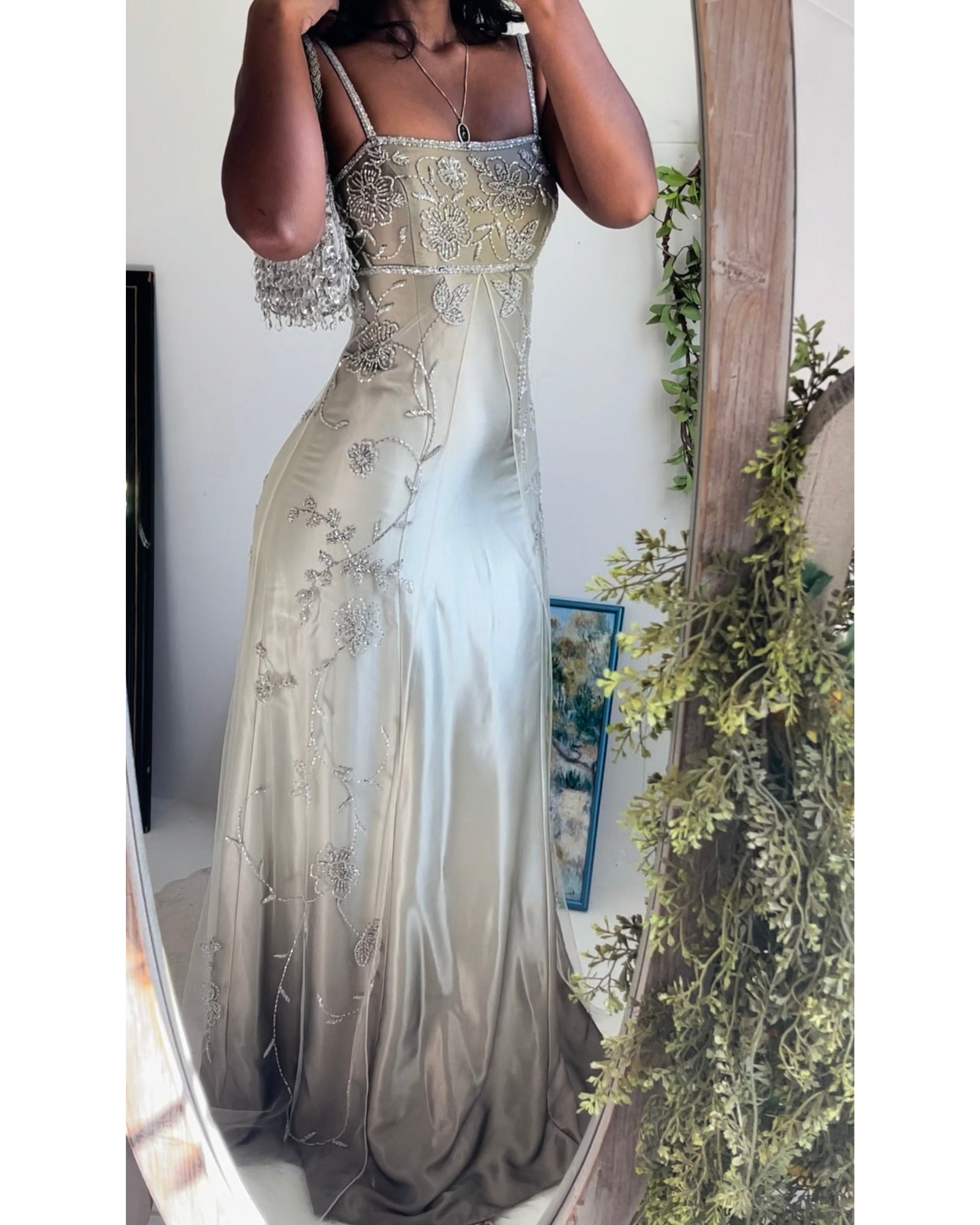 Rare Vintage Champagne Gray Beaded Split Front Gown