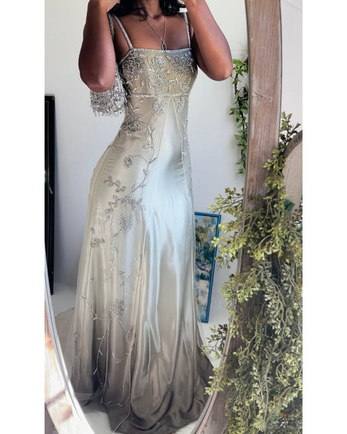Rare Vintage Champagne Gray Beaded Split Front Gown
