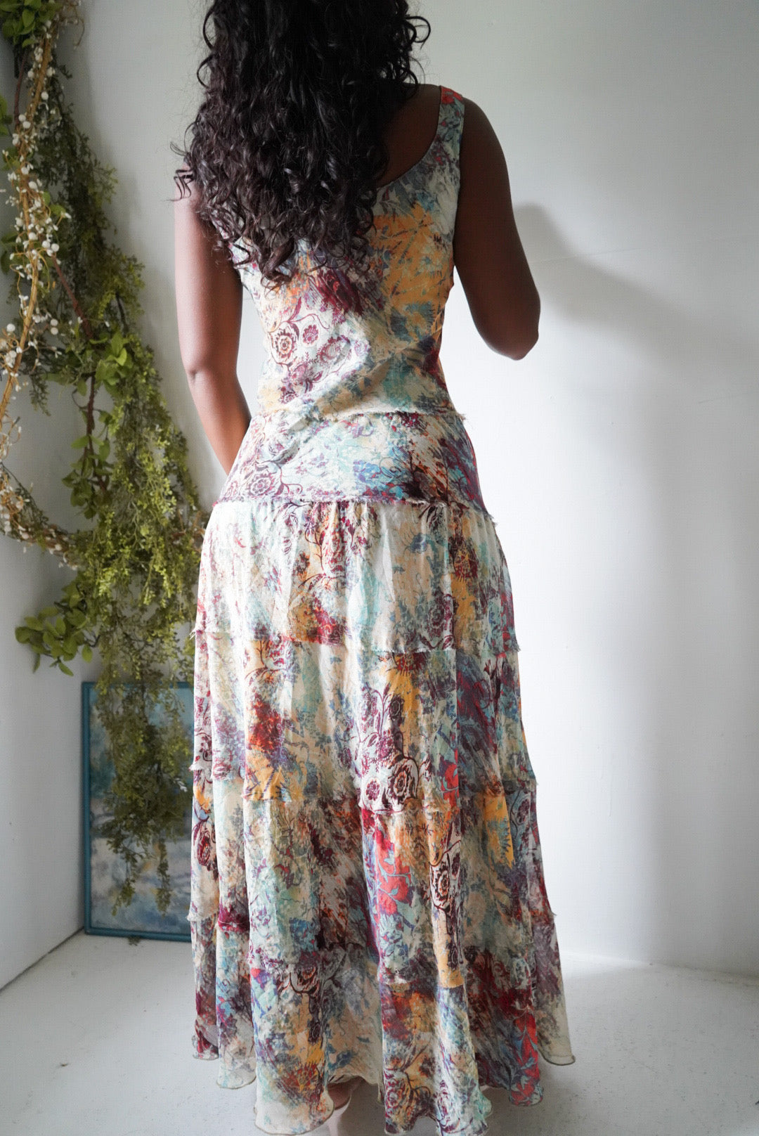 Y2K Boho Printed Maxi Dress with a Tiered Skirt