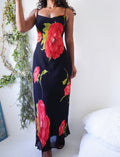 Y2K Black Maxi Slip With Red Beaded Flowers