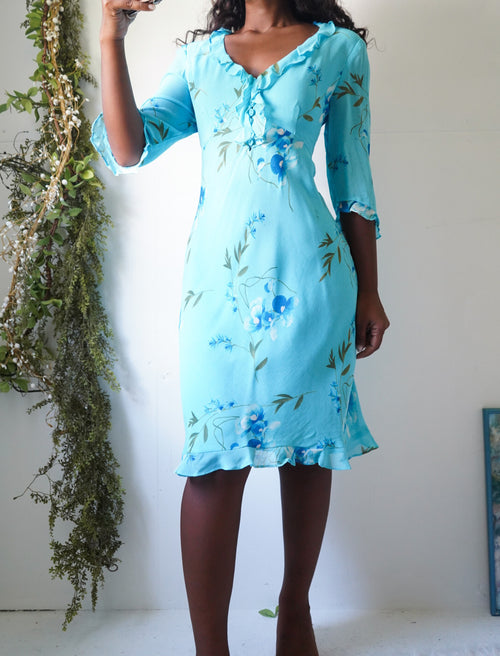 Y2K Turquoise Floral Half Sleeve Dress