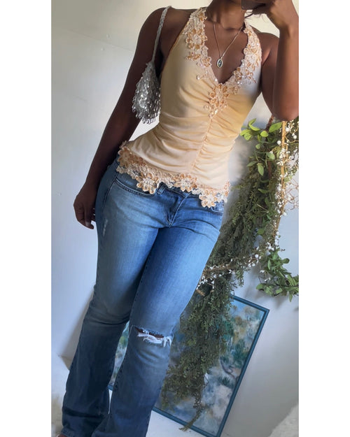 Rare Y2K Pale Yellow Beaded Aftershock Halter Top