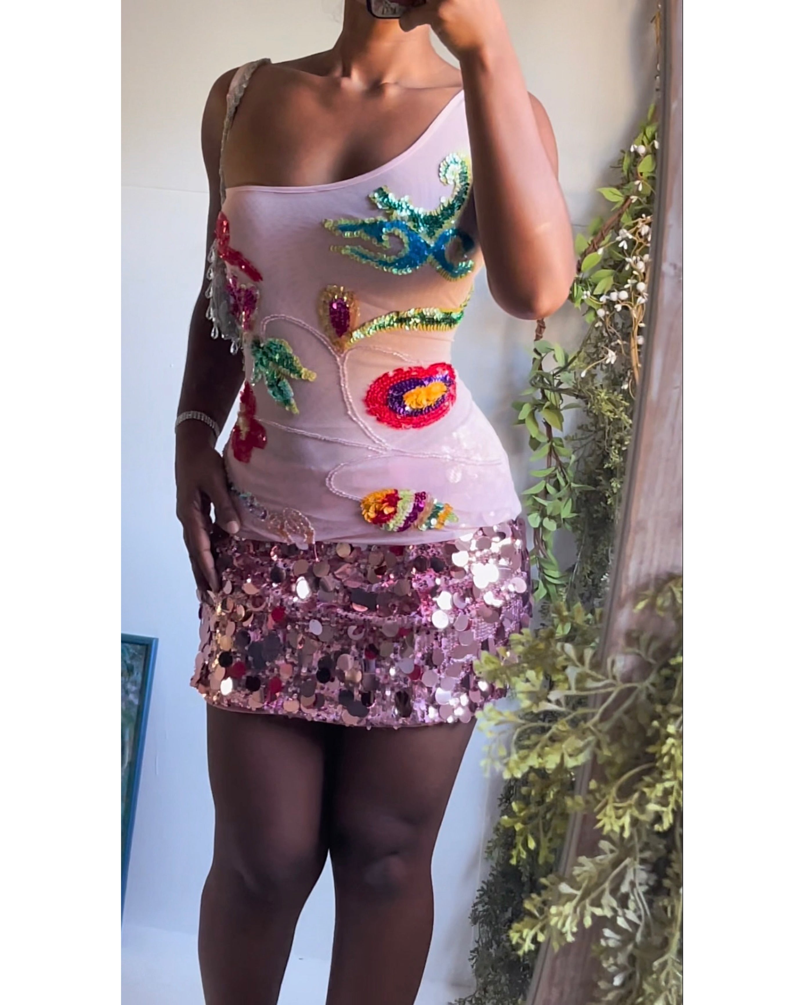 Rare Y2K Pink Mesh Sequin Beaded Cami