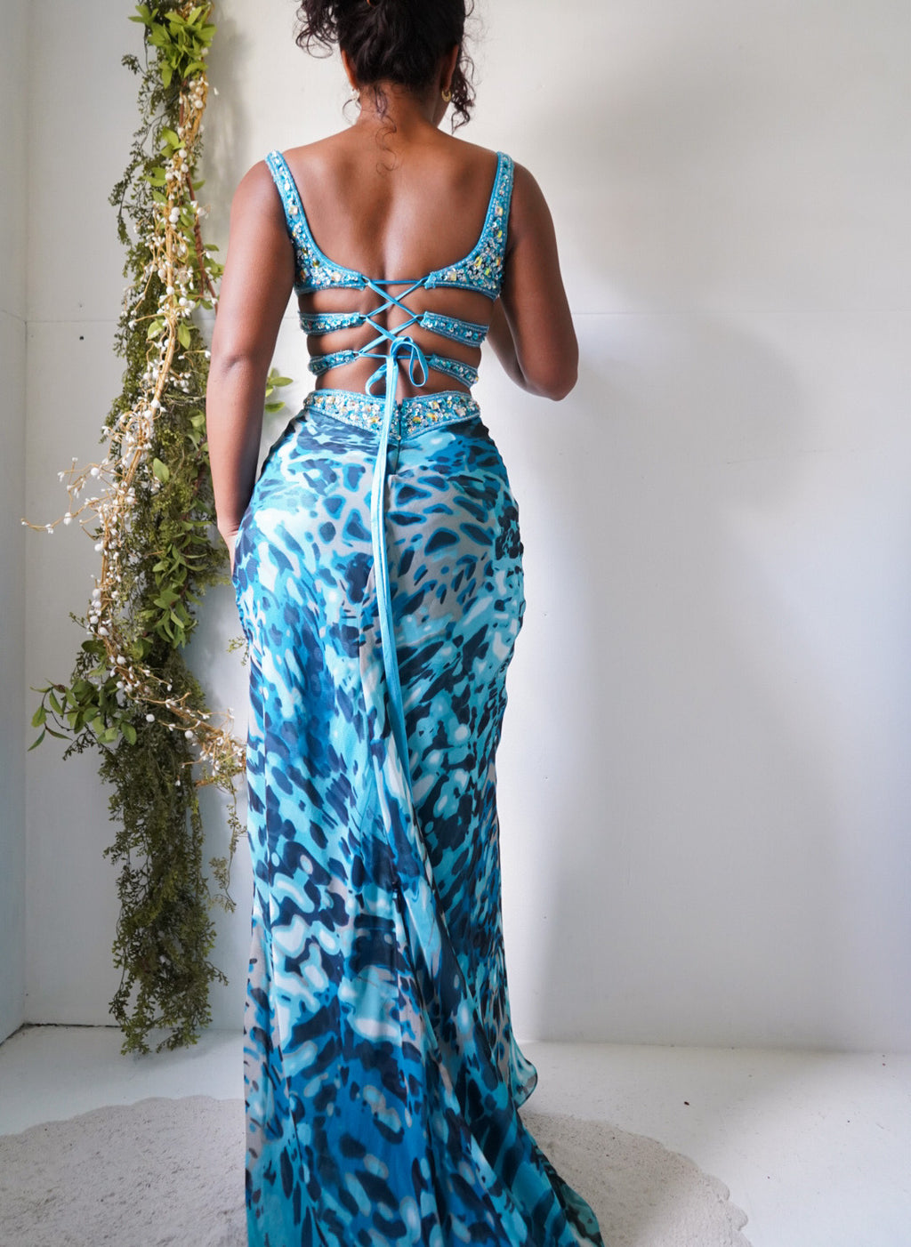 Abstract Animal Print Lace Up Back Gown