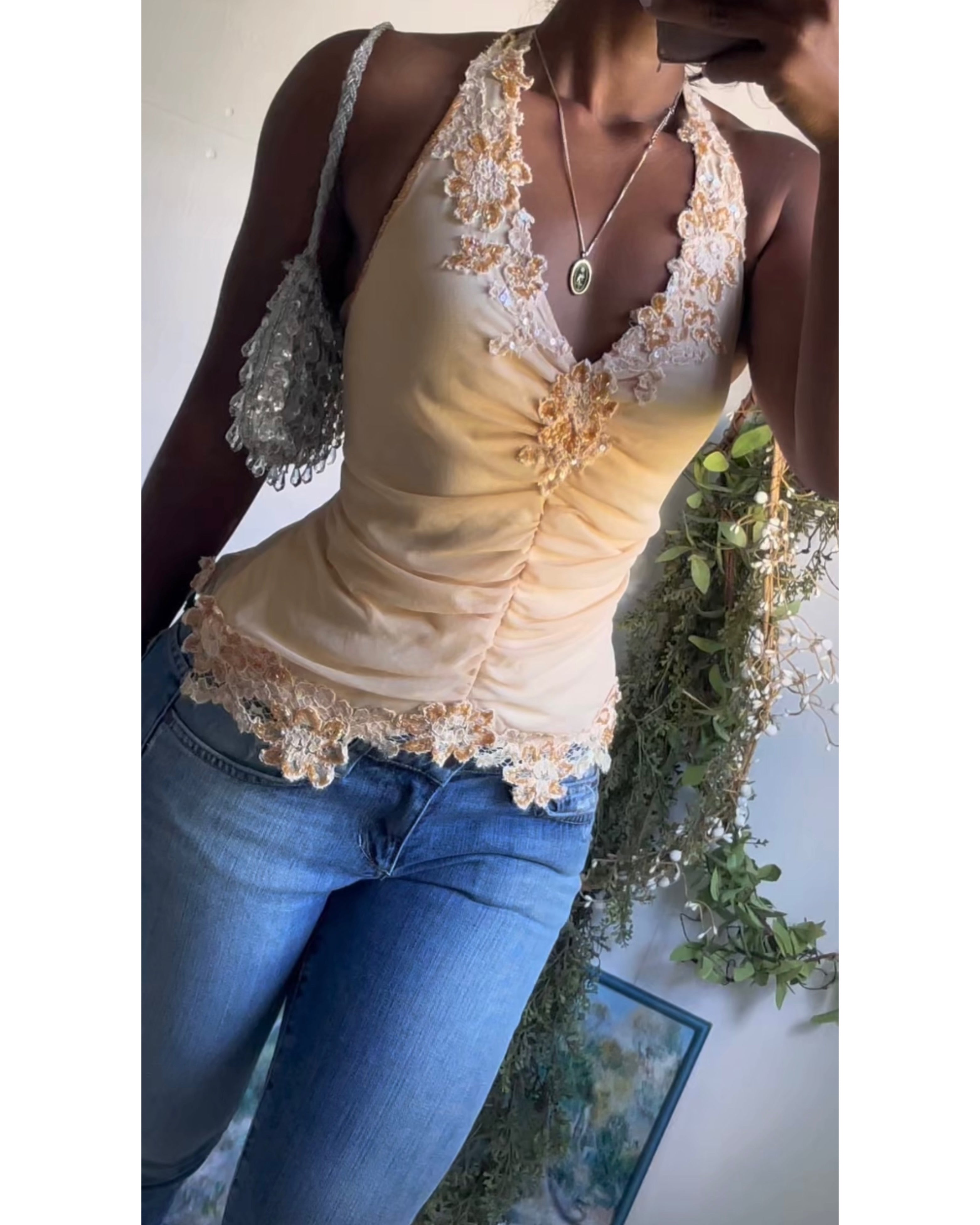 Rare Y2K Pale Yellow Beaded Aftershock Halter Top