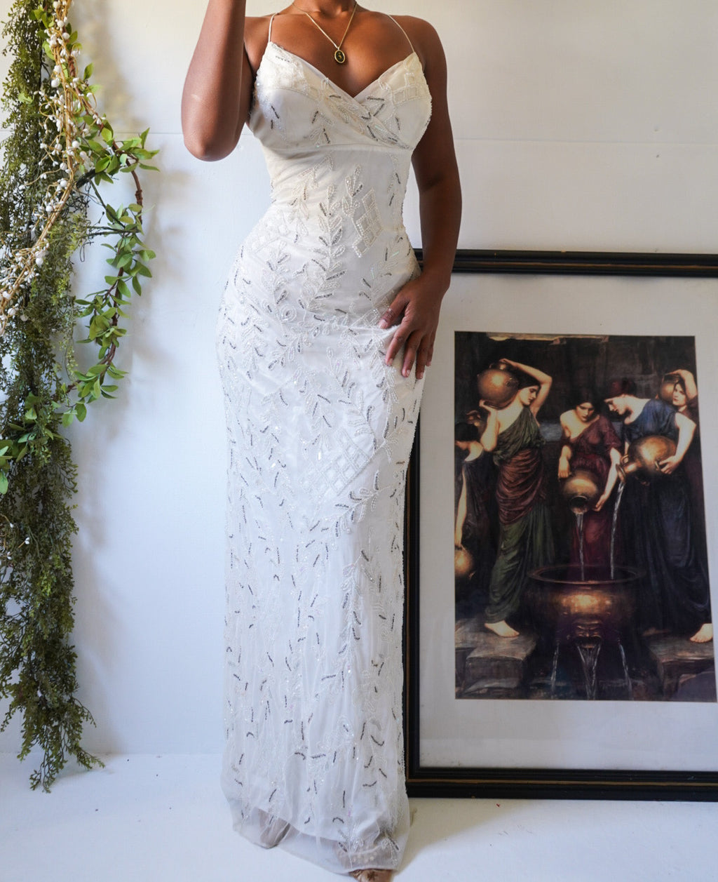 Rare Ivory Beaded Tulle Backless Gown