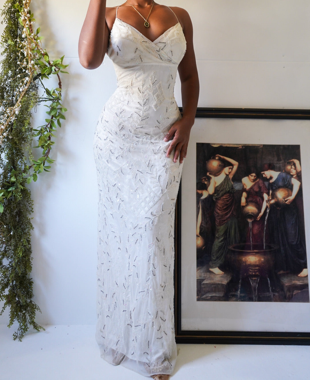 Rare Ivory Beaded Tulle Backless Gown