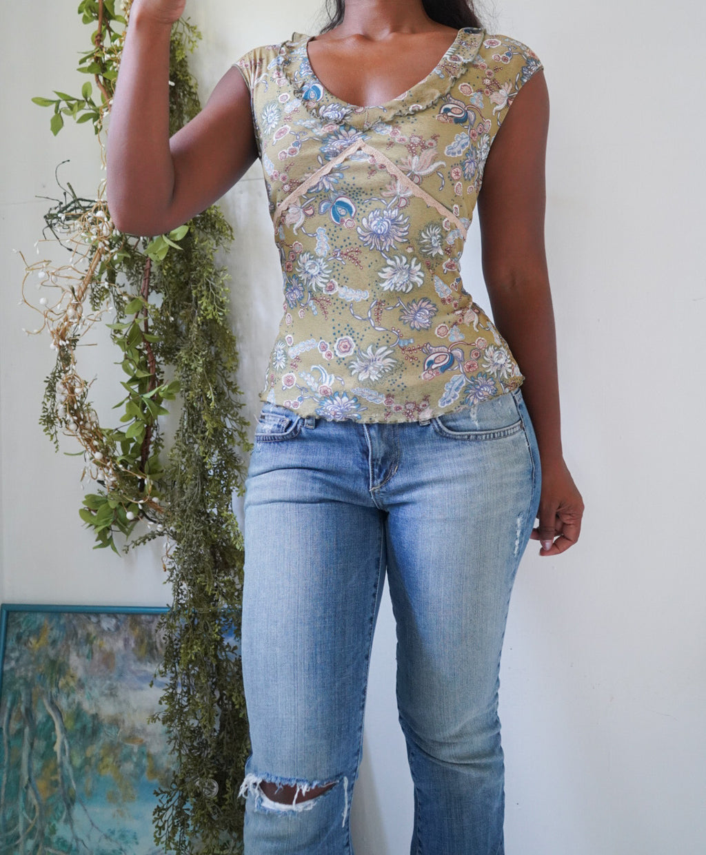 Y2K Sage Green Paisley Mesh Tee