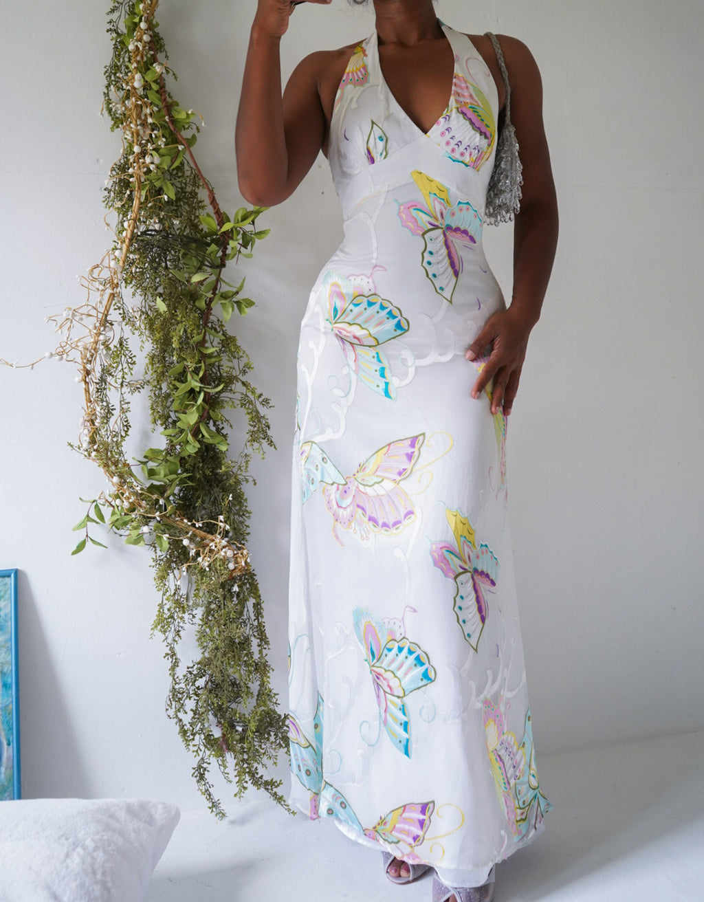 Rare Y2K White Butterfly Halter Gown