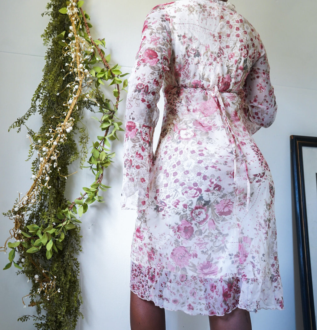 Romantic Floral Long Ruffle Sleeve Dress