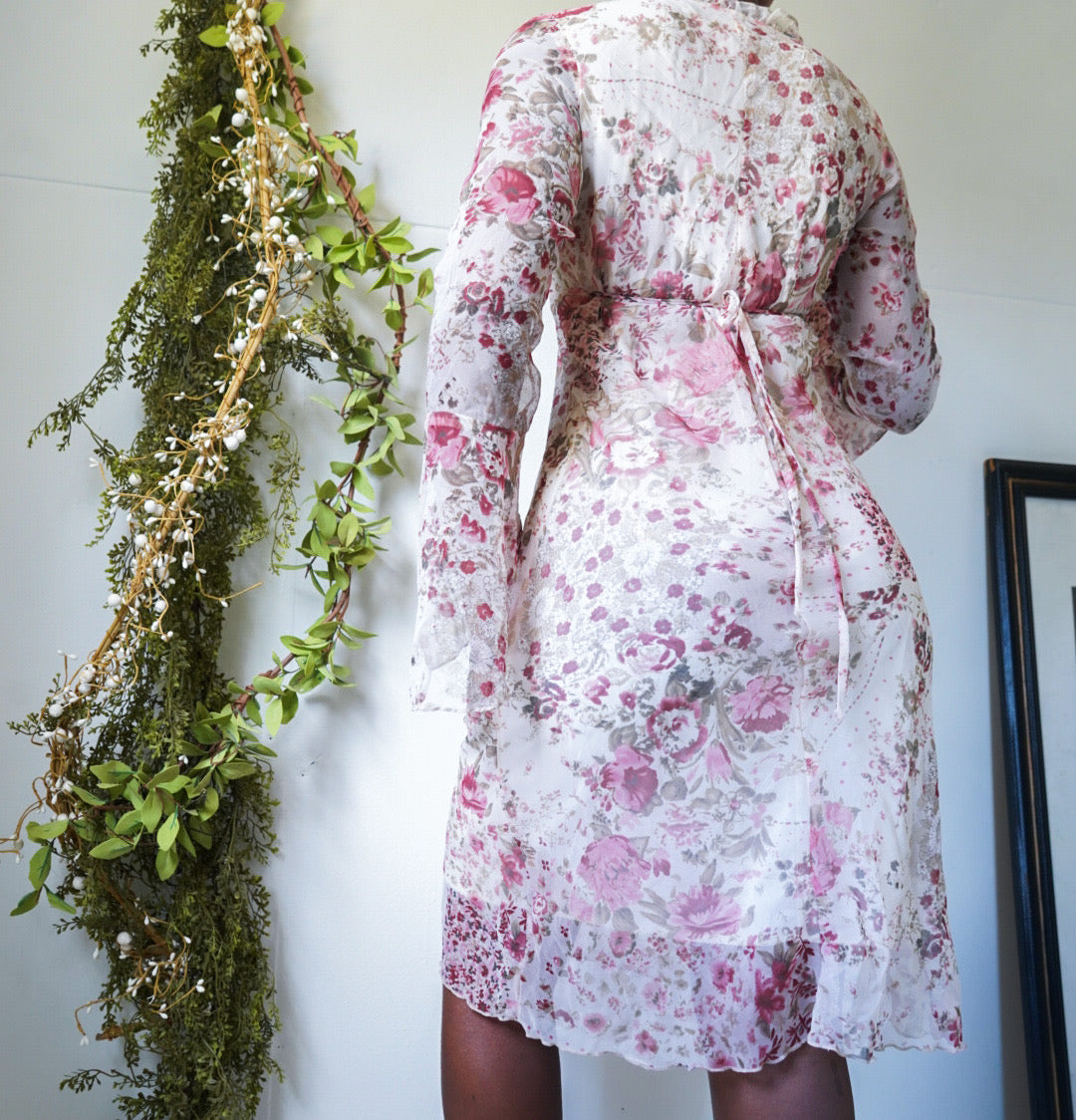 Romantic Floral Long Ruffle Sleeve Dress