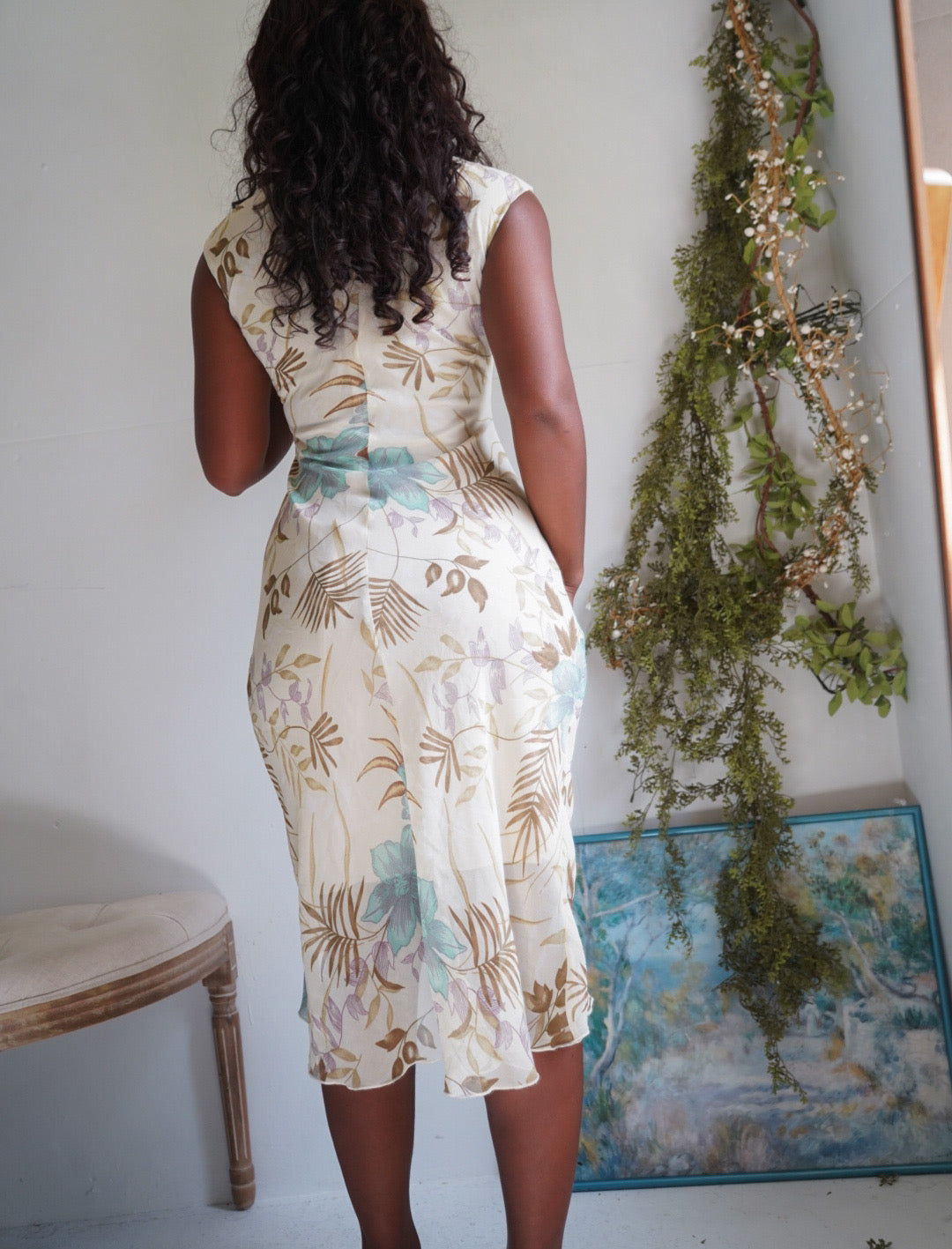 Y2K Cream Beaded Floral Cowl Neck Midi Dress